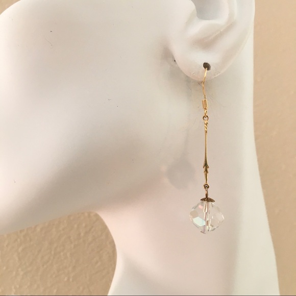 12K Gold Filled Posts Iridescent Crystal Bean Minimalist Dangle Earrings - Picture 5 of 7